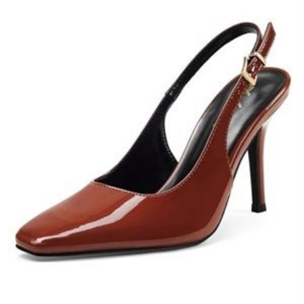 Elisabet Tang  Caramel Brown Vegan Patent Leather Slingback Stiletto Heels 8.5